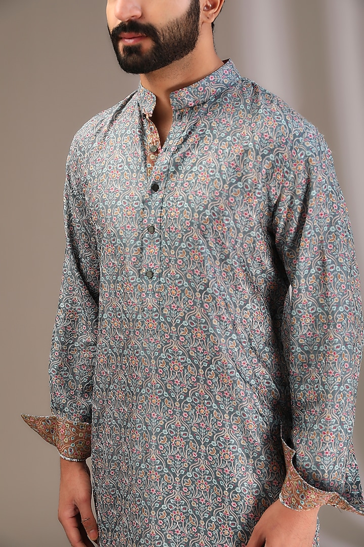 Teal Silk Printed & Beads Embroidered Kurta Set by Rabani & Rakha Men at Pernia's Pop Up Shop