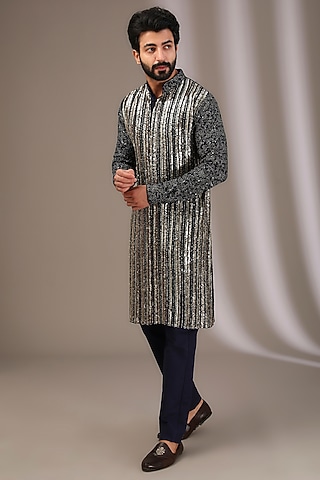 Blue Georgette Sequins & Thread Embroidered Kurta Set by Rabani & Rakha Men