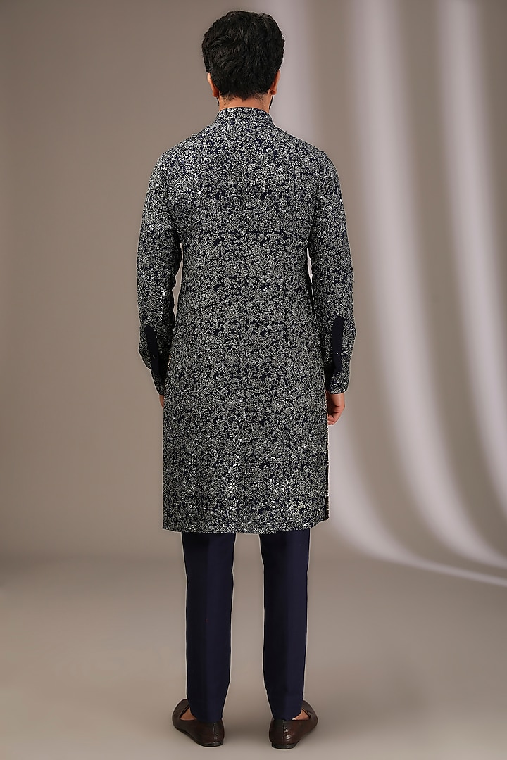 Blue Georgette Sequins & Thread Embroidered Kurta Set by Rabani & Rakha Men at Pernia's Pop Up Shop