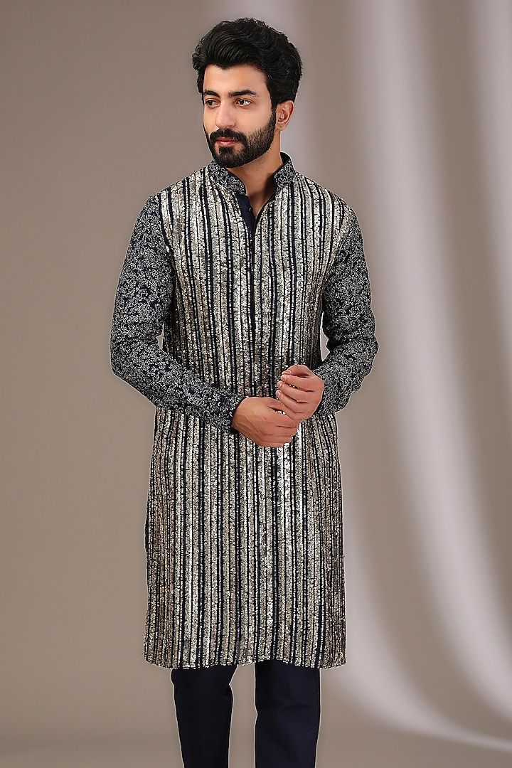 Blue Georgette Sequins & Thread Embroidered Kurta Set by Rabani & Rakha Men at Pernia's Pop Up Shop