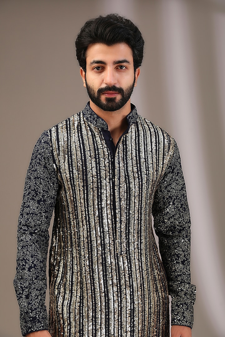 Blue Georgette Sequins & Thread Embroidered Kurta Set by Rabani & Rakha Men at Pernia's Pop Up Shop