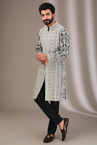 Black Georgette Thread Embroidered Kurta Set by Rabani & Rakha Men