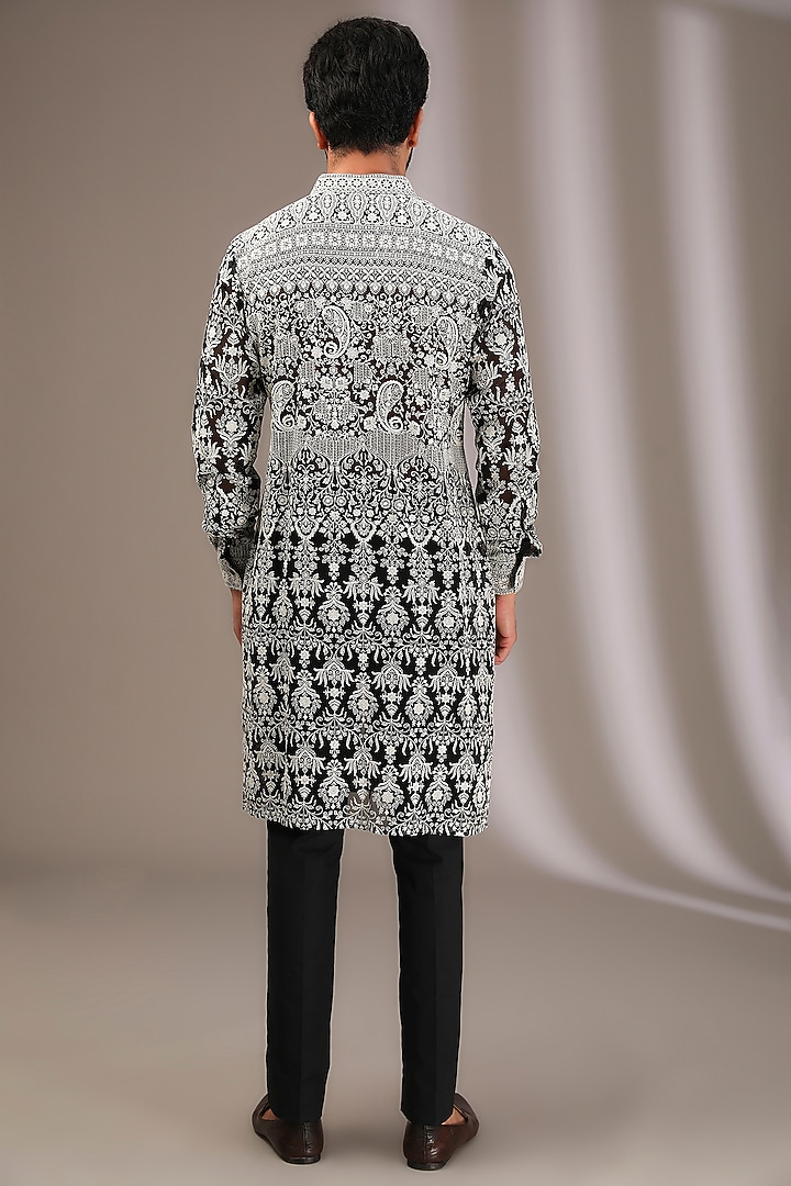 Black Georgette Thread Embroidered Kurta Set by Rabani & Rakha Men at Pernia's Pop Up Shop