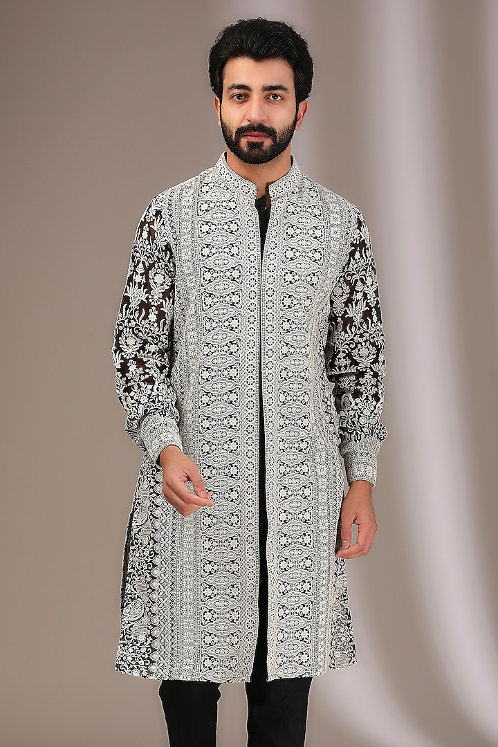 Black Georgette Thread Embroidered Kurta Set by Rabani & Rakha Men at Pernia's Pop Up Shop