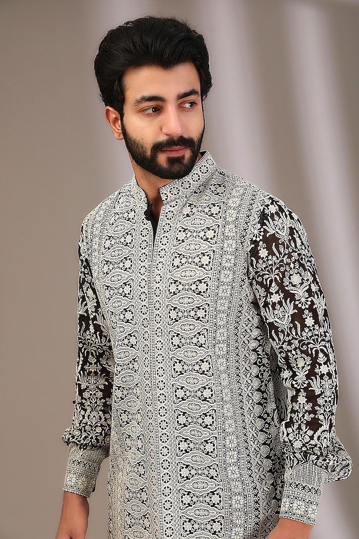Black Georgette Thread Embroidered Kurta Set by Rabani & Rakha Men at Pernia's Pop Up Shop
