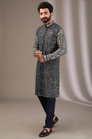 Blue Georgette Sequins Embroidered Kurta Set by Rabani & Rakha Men