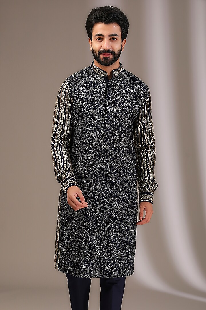Blue Georgette Sequins Embroidered Kurta Set by Rabani & Rakha Men at Pernia's Pop Up Shop