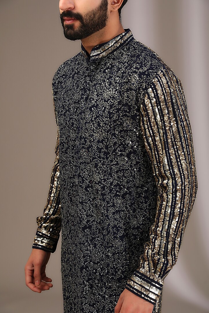 Blue Georgette Sequins Embroidered Kurta Set by Rabani & Rakha Men at Pernia's Pop Up Shop