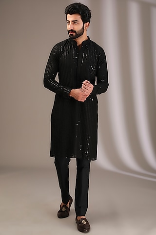 Black Georgette Thread & Sequins Embroidered Kurta Set by Rabani & Rakha Men