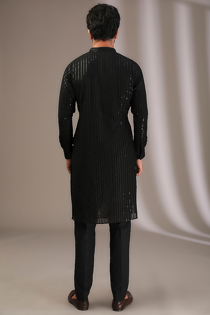 Black Georgette Thread & Sequins Embroidered Kurta Set by Rabani & Rakha Men at Pernia's Pop Up Shop