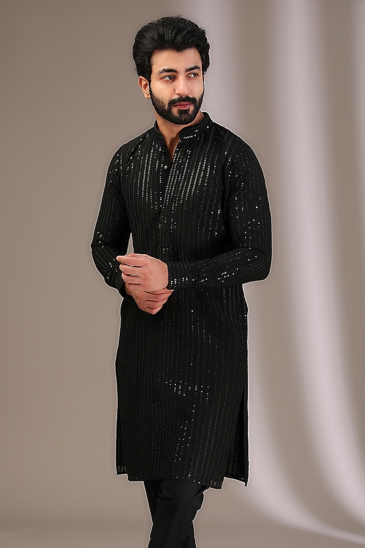 Black Georgette Thread & Sequins Embroidered Kurta Set by Rabani & Rakha Men at Pernia's Pop Up Shop
