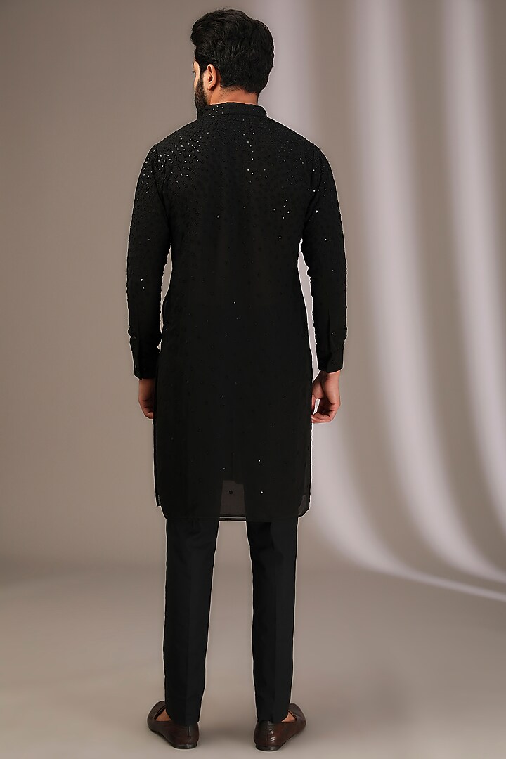 Black Georgette Thread & Sequins Embroidered Kurta Set by Rabani & Rakha Men at Pernia's Pop Up Shop