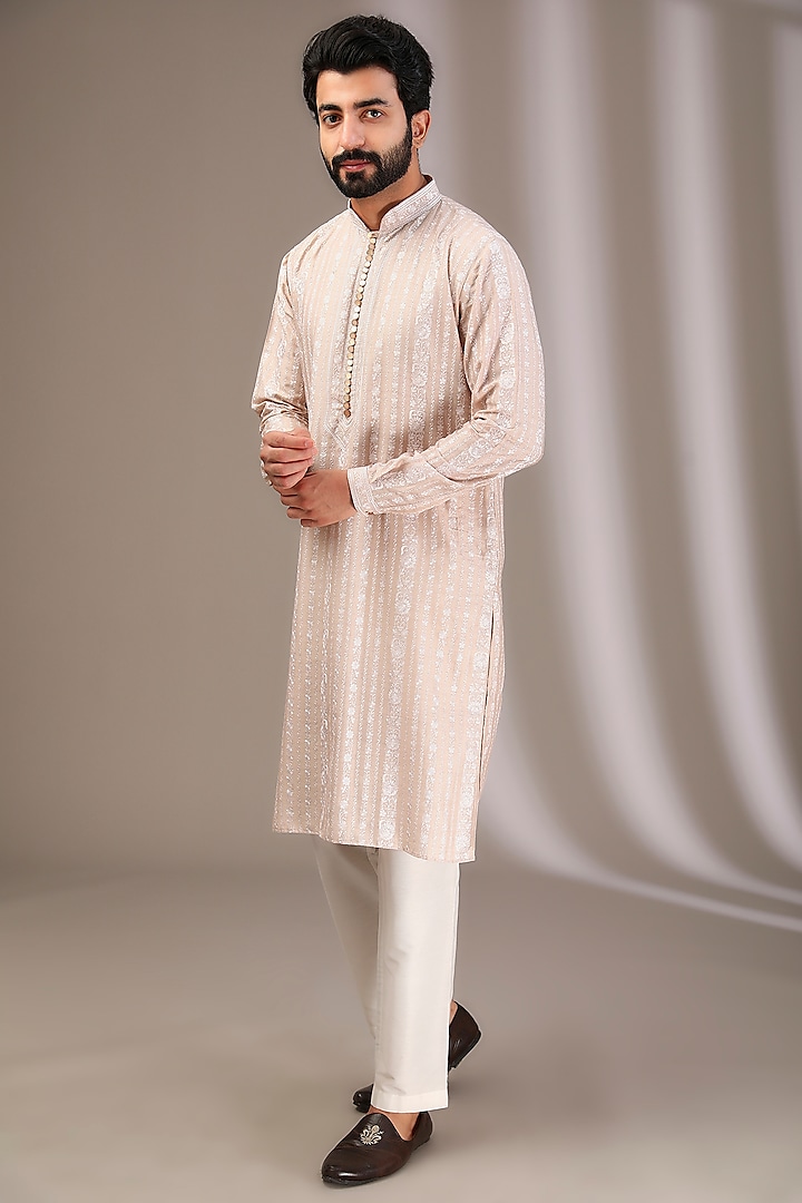 Nude Beige Silk Thread Embroidered Kurta Set by Rabani & Rakha Men