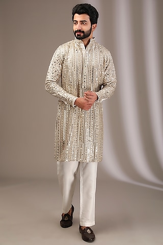 Ivory Georgette Mirror & Sequins Embroidered Kurta Set by Rabani & Rakha Men