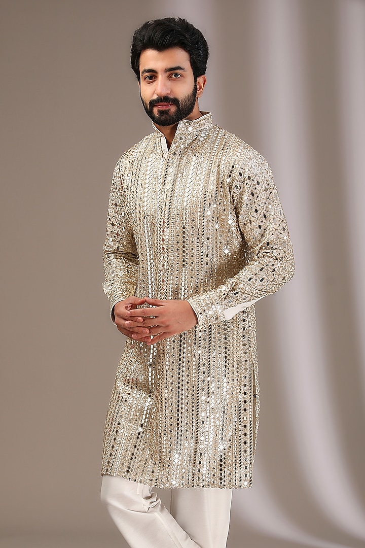 Ivory Georgette Mirror & Sequins Embroidered Kurta Set by Rabani & Rakha Men at Pernia's Pop Up Shop