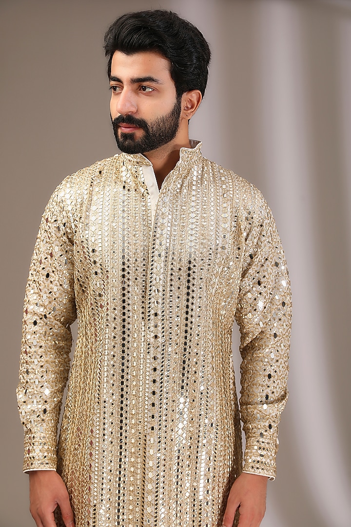 Ivory Georgette Mirror & Sequins Embroidered Kurta Set by Rabani & Rakha Men at Pernia's Pop Up Shop