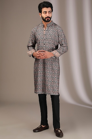 Black Silk Beads & Thread Embroidered Kurta Set by Rabani & Rakha Men