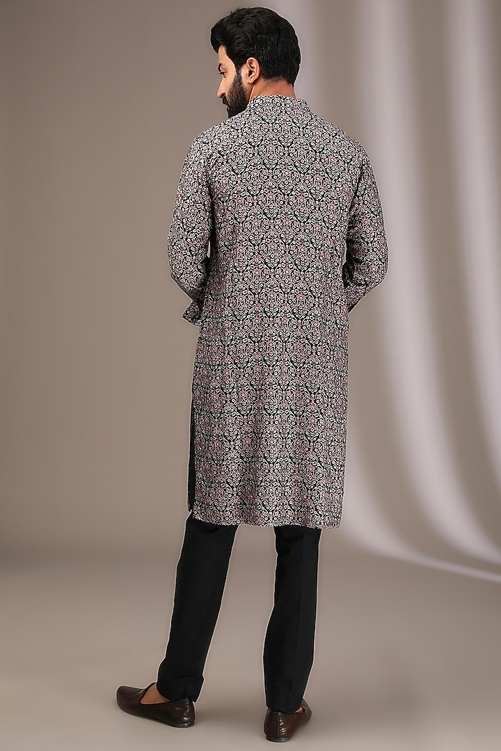 Black Silk Beads & Thread Embroidered Kurta Set by Rabani & Rakha Men at Pernia's Pop Up Shop