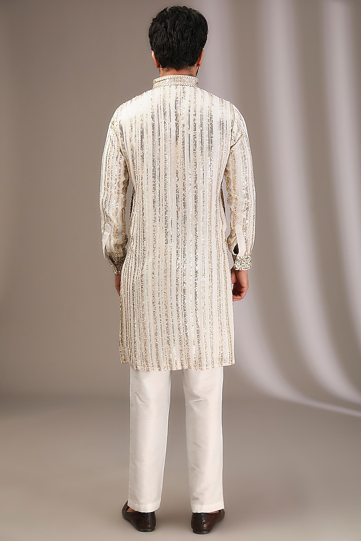 Ivory Georgette Mirror & Sequins Embroidered Kurta Set by Rabani & Rakha Men at Pernia's Pop Up Shop