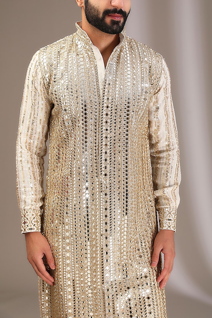 Ivory Georgette Mirror & Sequins Embroidered Kurta Set by Rabani & Rakha Men at Pernia's Pop Up Shop