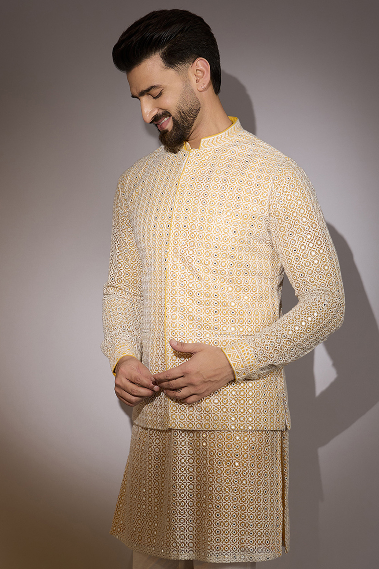 Off-White-Yellow Georgette & Net Threadwork Bundi by Rabani & Rakha Men