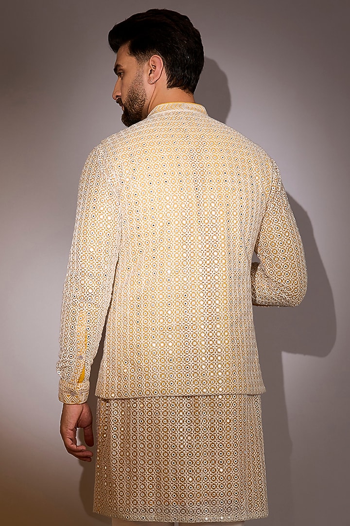 Off-White-Yellow Georgette & Net Threadwork Bundi by Rabani & Rakha Men at Pernia's Pop Up Shop