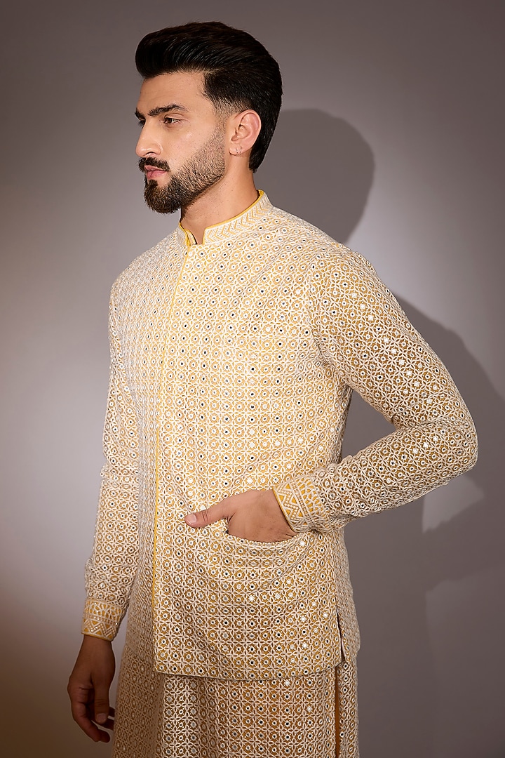 Off-White-Yellow Georgette & Net Threadwork Bundi by Rabani & Rakha Men at Pernia's Pop Up Shop