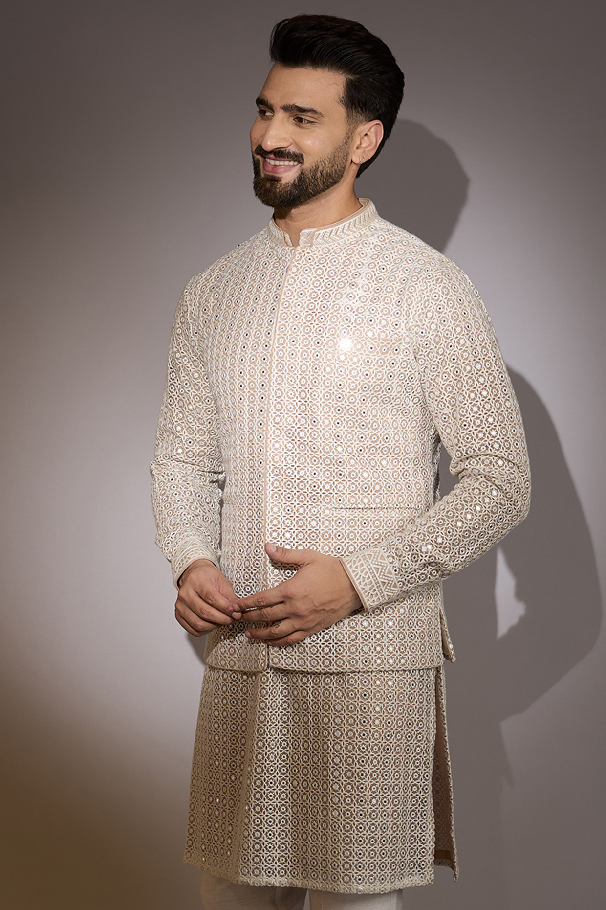 Off-White Net Threadwork Bundi Jacket by Rabani & Rakha Men