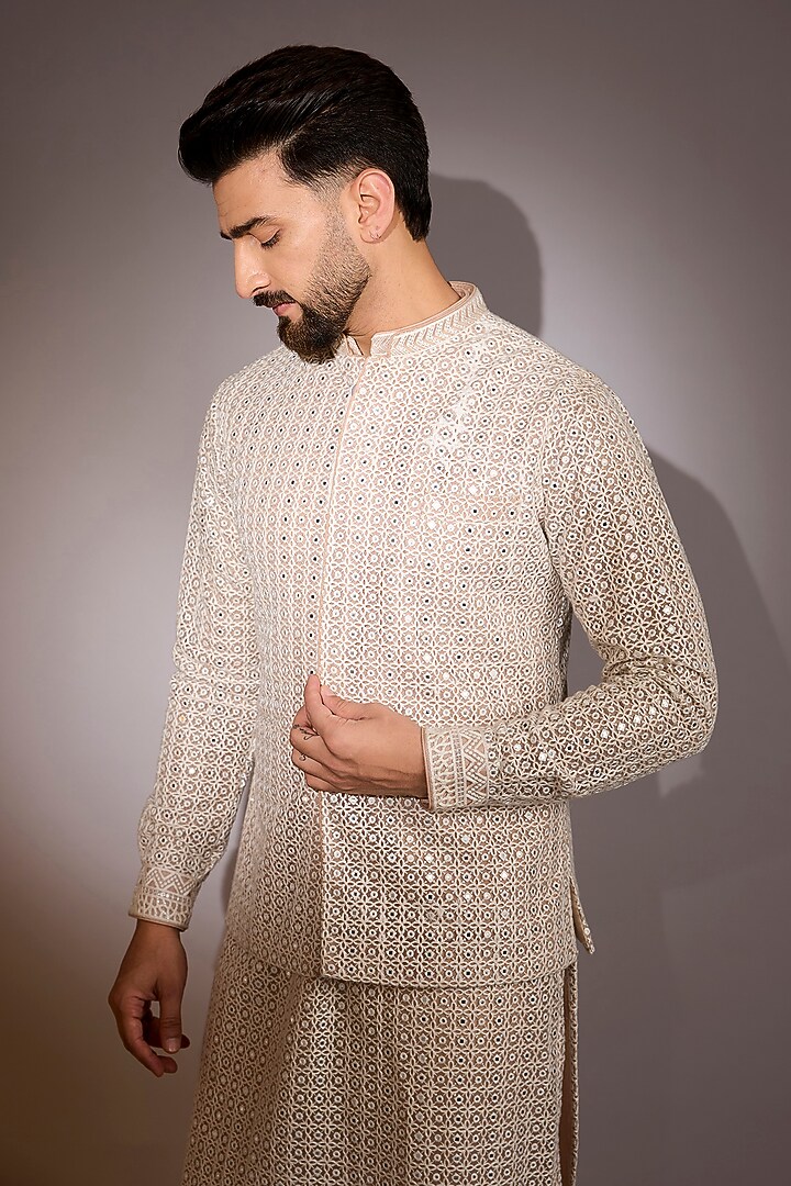 Off-White Net Threadwork Bundi Jacket by Rabani & Rakha Men at Pernia's Pop Up Shop