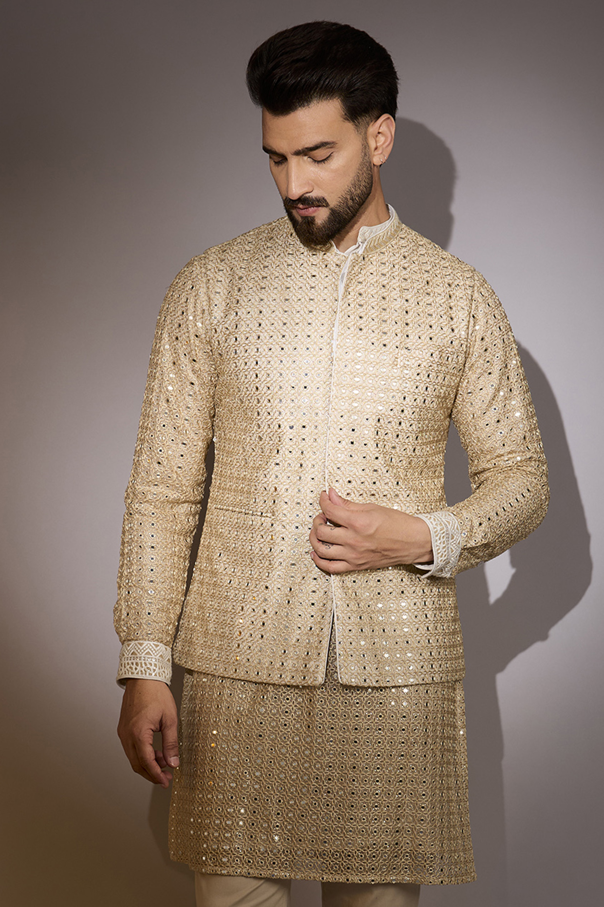 Gold Georgette & Silk Threadwork Bundi Jacket by Rabani & Rakha Men