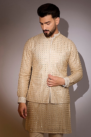 Gold Georgette & Silk Threadwork Bundi Jacket by Rabani & Rakha Men