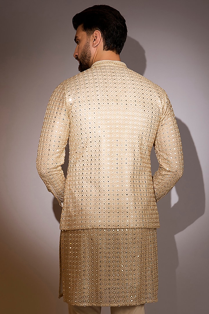 Gold Georgette & Silk Threadwork Bundi Jacket by Rabani & Rakha Men at Pernia's Pop Up Shop
