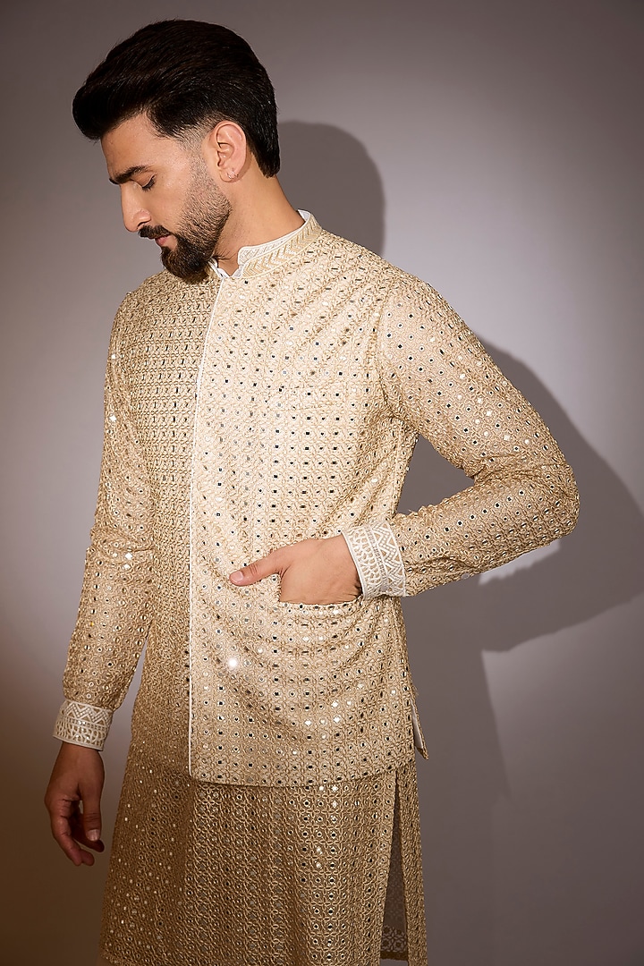Gold Georgette & Silk Threadwork Bundi Jacket by Rabani & Rakha Men at Pernia's Pop Up Shop