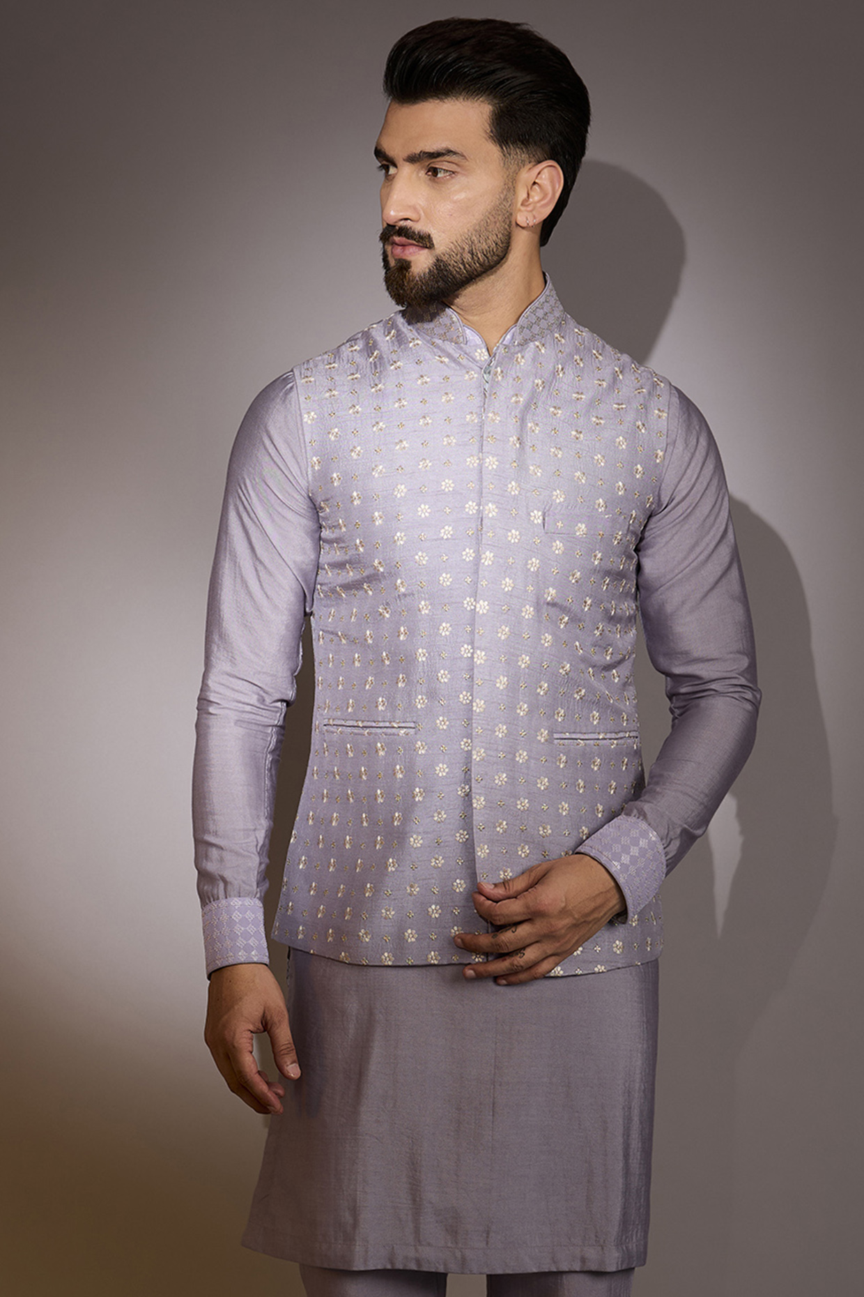 Lilac Raw Silk Zariwork Bundi Jacket by Rabani & Rakha Men