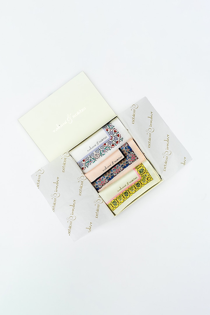 White, Peach, & Cream Printed Pocket Square Set by Rabani & Rakha Men