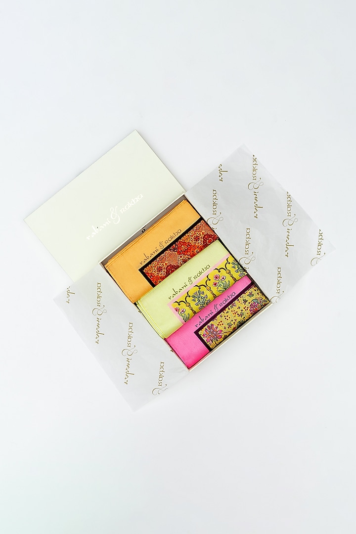 Saffron, Yellow, & Pink Printed Pocket Square Set by Rabani & Rakha Men
