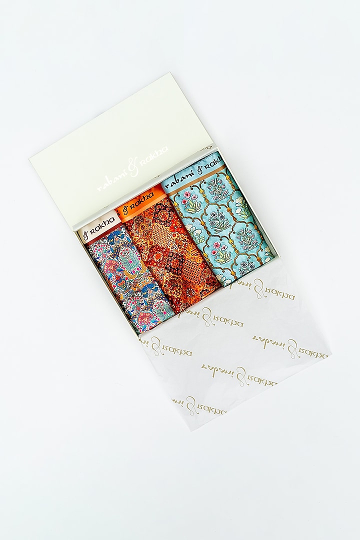 Grey Blue, Orange, & Light Blue Printed Pocket Square Set by Rabani & Rakha Men