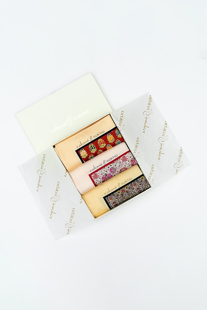 Peach, Beige, & Cream Yellow Printed Pocket Square Set by Rabani & Rakha Men