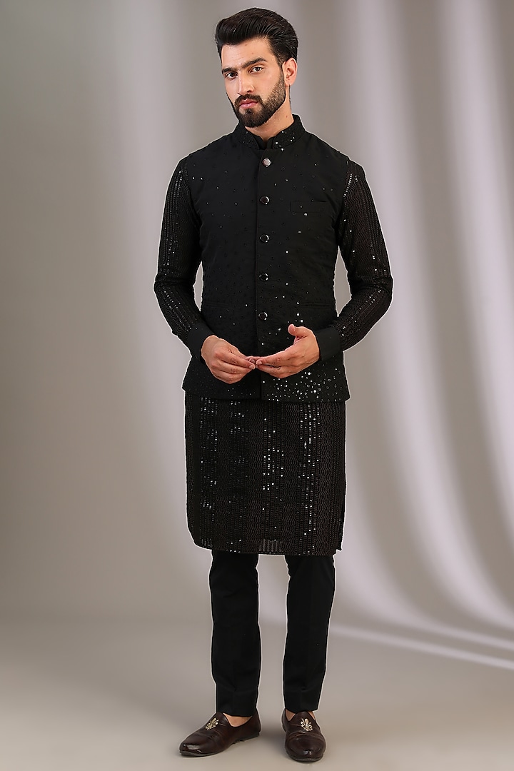 Black Georgette Bundi Jacket Set by Rabani & Rakha Men