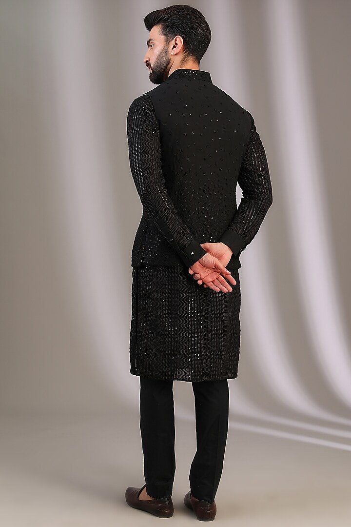 Black Georgette Bundi Jacket Set by Rabani & Rakha Men at Pernia's Pop Up Shop