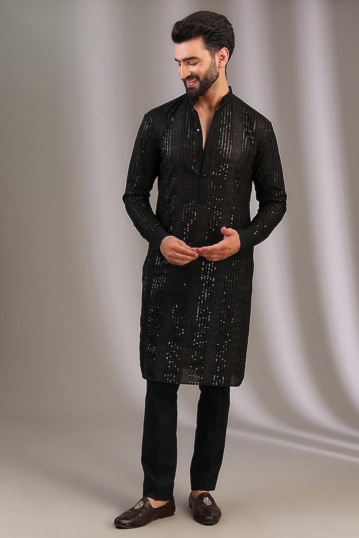 Black Georgette Bundi Jacket Set by Rabani & Rakha Men at Pernia's Pop Up Shop