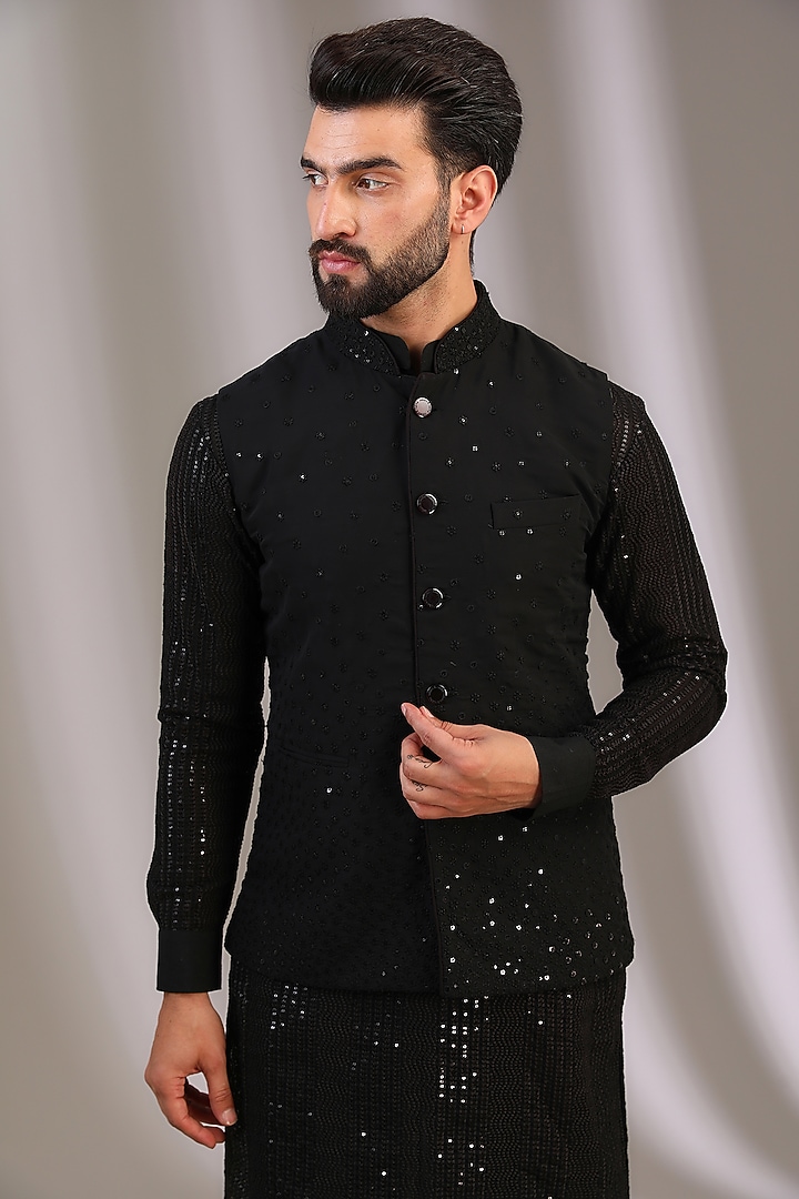 Black Georgette Bundi Jacket Set by Rabani & Rakha Men at Pernia's Pop Up Shop