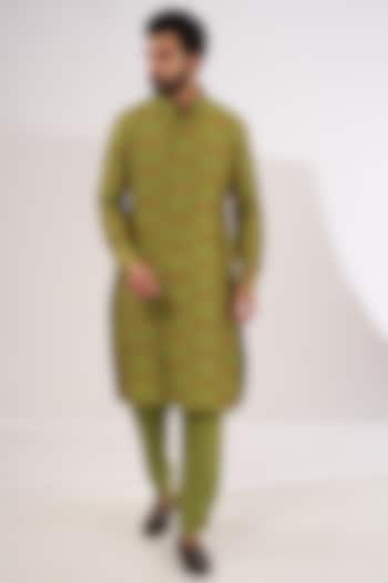 Olive Green Silk Thread Embroidered Kurta Set by Rabani & Rakha Men