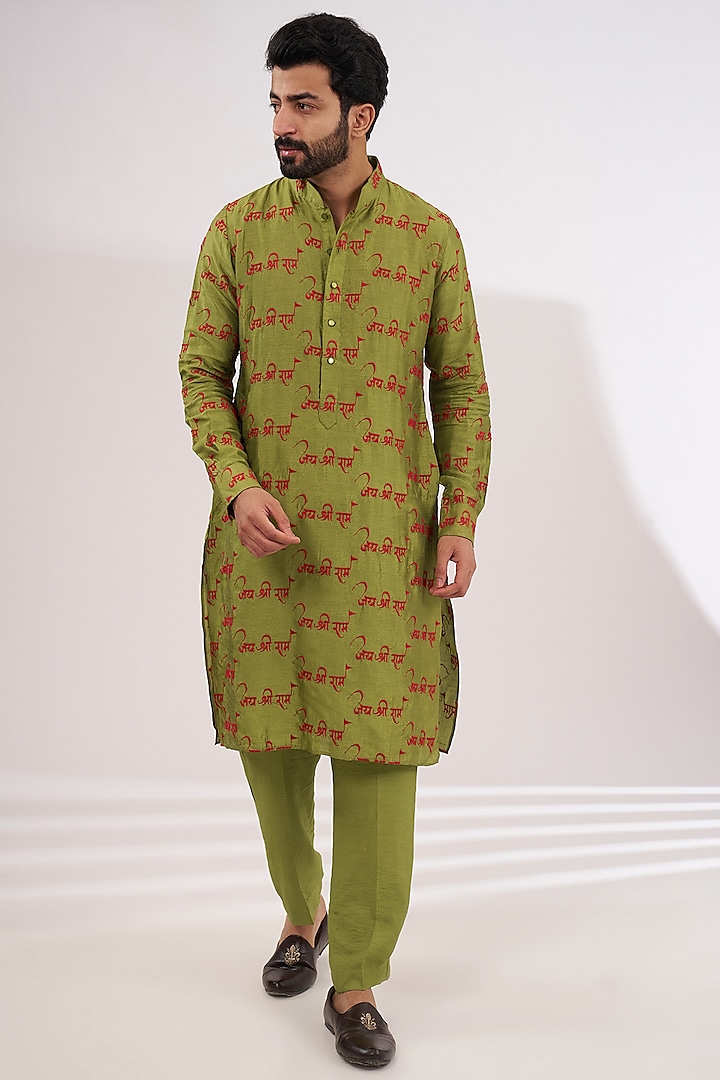 Olive Green Silk Thread Embroidered Kurta Set by Rabani & Rakha Men