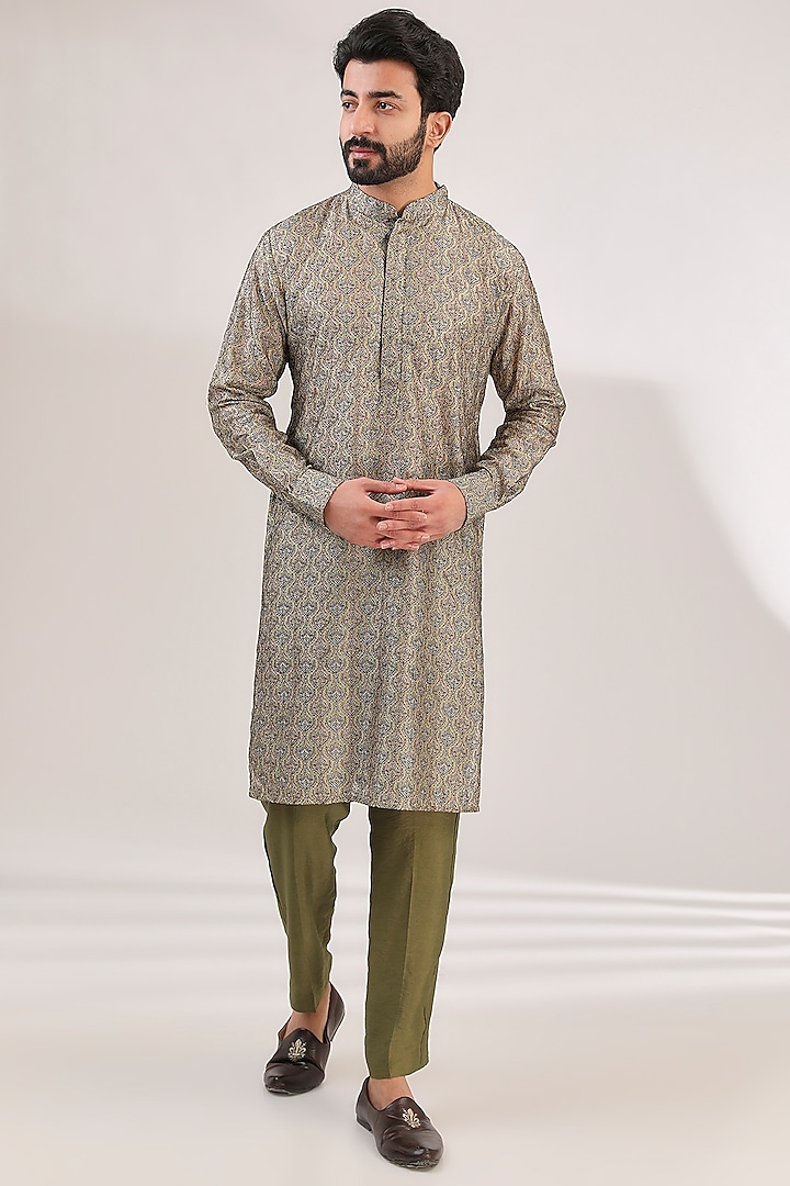 Green Silk Printed & Thread Embroidered Kurta Set by Rabani & Rakha Men