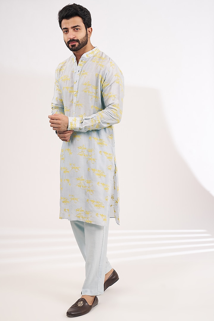 Silver Grey Silk Thread Embroidered Kurta Set by Rabani & Rakha Men