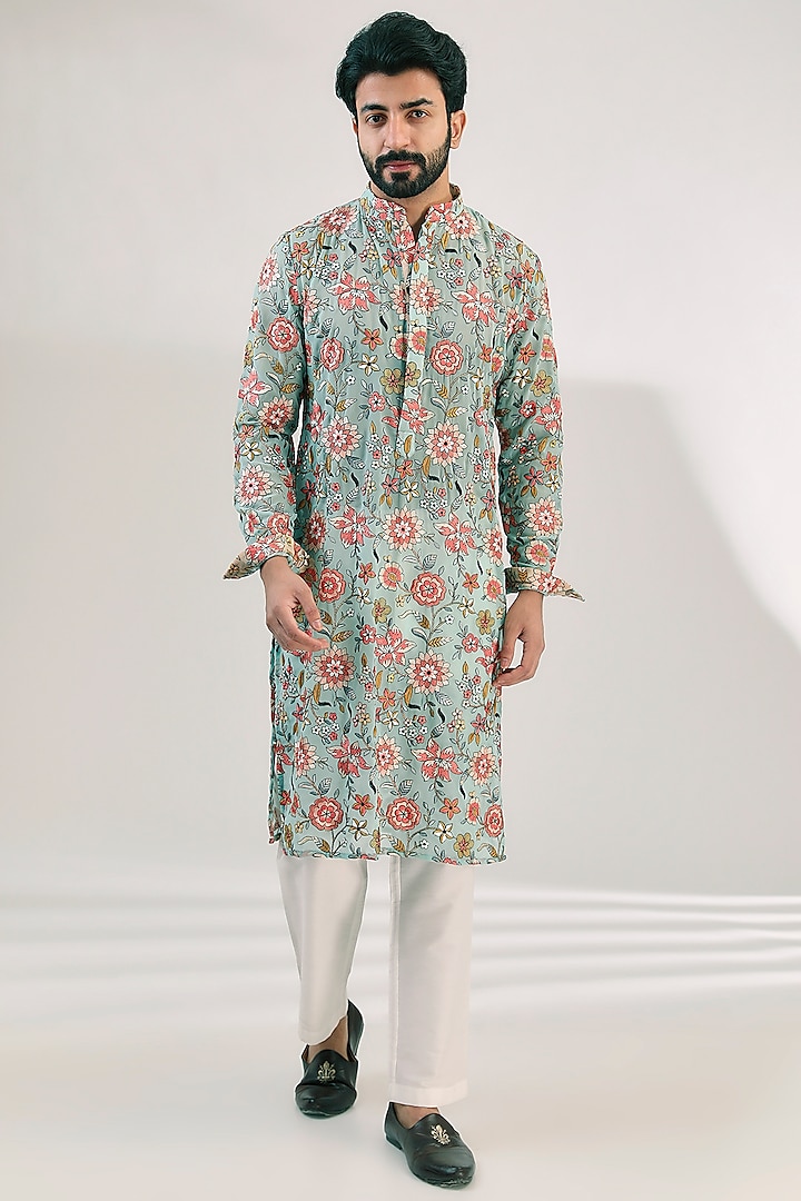 Aqua Georgette Printed & Thread Embroidered Kurta Set by Rabani & Rakha Men