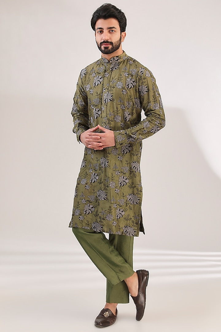 Mehendi Green Dupion Silk Printed & Thread Embroidered Kurta Set by Rabani & Rakha Men