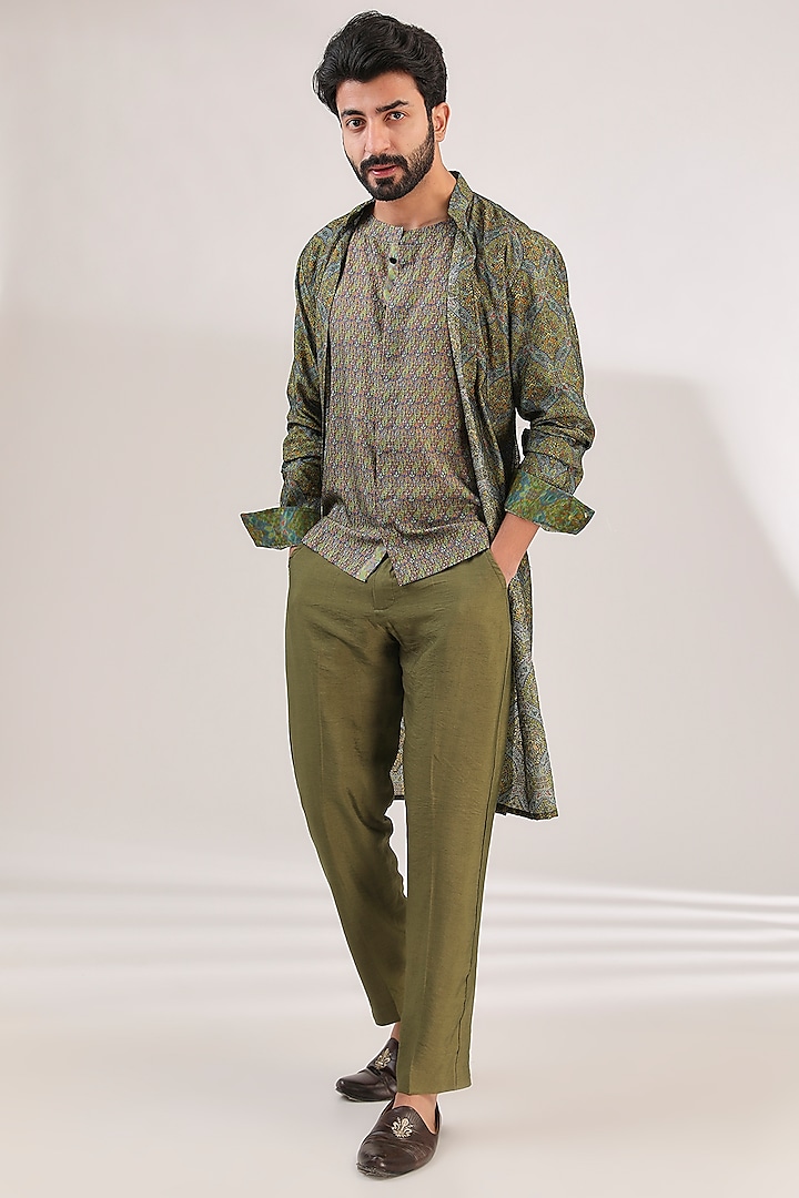 Green Silk Printed & Thread Embroidered Kurta Set by Rabani & Rakha Men