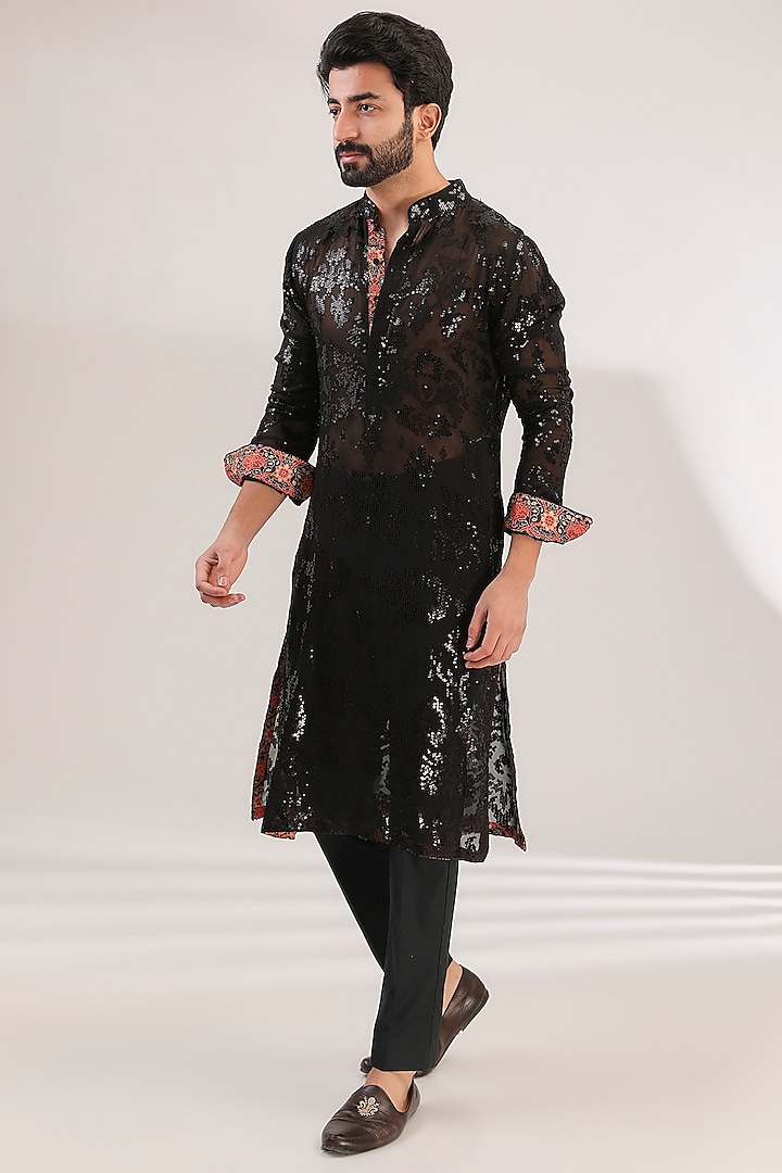 Black Georgette Sequins Embroidered Kurta Set by Rabani & Rakha Men